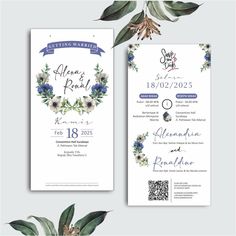 two wedding cards with blue flowers and greenery on the front, one in white