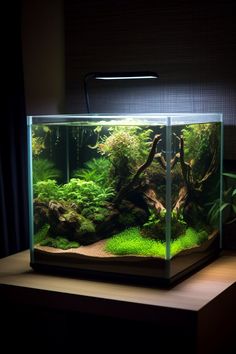 an aquarium filled with green plants and rocks