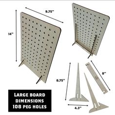 three different sizes of peg boards with measurements for each board and the same size to be used