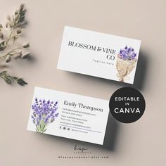 two business cards with lavender flowers on them