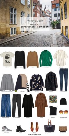 What to pack for Copenhagen packing list | Copenhagen Outfit Ideas | What to Wear in Copenhagen | Sweden Packing list | Spring Packing List | Sweden Outfit Ideas | What to Wear in Sweden California | Packing Light | Capsule Wardrobe | travel wardrobe | Fall packing list | travel capsule | livelovesara What To Pack For 9 Day Vacation, Copenhagen Capsule Wardrobe, Copenhagen Travel Outfit, Packing Light For Winter Travel, What To Wear In Copenhagen, Copenhagen Packing List, Sweden Clothes, London Wear, Spring Travel Capsule