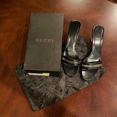 Gucci Sandalo Pelle Vinile Crystal Black Heels. Minor Wear And Tear. Comes With Box And Dust Bag. Size 9.5. Black Gucci Heels With 4-inch Heel, Gucci Black, Gucci Shoes, Black Heels, Shoes Women Heels, Dust Bag, Shoes Heels, Gucci, Women Shoes