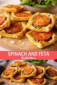 spinach and feta tarts with tomatoes on top are shown in this collage