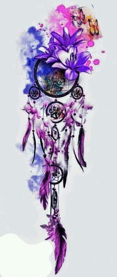 an artistic drawing of a dream catcher with feathers and flowers on it's head