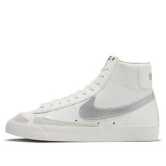 (WMNS) Nike Blazer Mid '77 'White Silver Metallic' CZ1055-112 (SNKR/Women's) Nike Blazer Mid 77, Nike Blazer Mid, Nike Blazers Mid, Blazer Mid, Nike Blazer, White Silver, High Tops, Metallic Silver, Nike Women