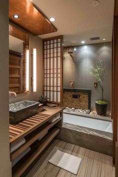 Bathroom design zen modern Fun Bathroom Design Ideas, Japanese Garden Bathroom, Japanese Organic Modern, Japanese Spa Bathroom Ideas, Asian Bathroom Ideas Zen Japanese Style, Zen Flooring, Godzilla Bathroom, Asian House Interior, Japan Bathroom Design