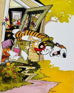 a painting of a tiger climbing into a house