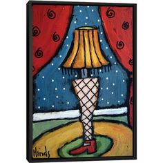 a painting with a lamp on it and a red curtain in the background that says lights