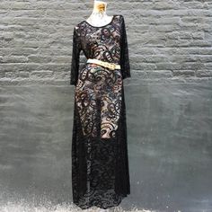 Vintage Black Lace Maxi Dress  small medium Party Fitted Maxi Dress With Contrast Lace, Fitted Maxi Dress With Contrast Lace For Party, Black Stretch Lace Dress For Night Out, Stretch Lace Maxi Dress For Night Out, Fitted Lace Patchwork Dress For Fall, Black Stretch Lace Dress, Fitted Lace Dress With Patchwork For Fall, Fitted Black Lace Dress With Lace Work, Fitted Long Lace Maxi Dress