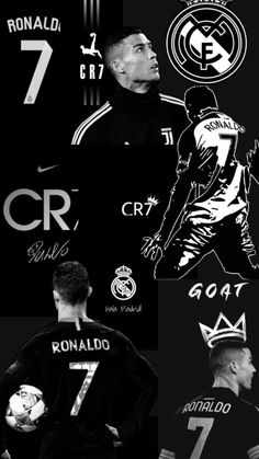 several different soccer players in black and white with their name on the back ground, from left to right ronaldo, ronaldo, ronaldo, cr7