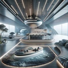 a futuristic living room with couches, tables and lights on the ceiling is shown