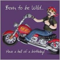 a man on a motorcycle with the words born to be wild have a hell of a birthday