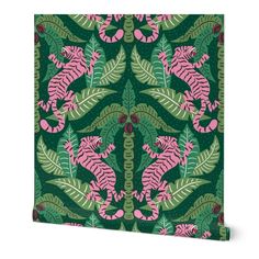 a green and pink wallpaper with leaves