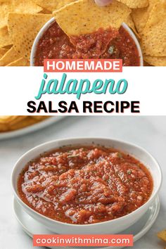 homemade jalapeno salsa recipe in a white bowl with tortilla chips