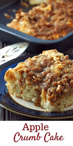 an apple crumb cake on a blue plate with the words, apples crumb cake