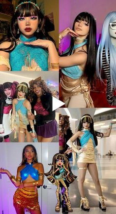 several pictures of women dressed in costumes and posing for the camera, with their hands on their hipss