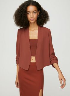 POWER SHORT BLAZER - Cropped, 3/4 rolled sleeve blazer Fitted Notch Lapel Versatile Blazer, Versatile Fitted Solid Color Blazer, Versatile Solid Color Fitted Blazer, Evening Blazer For Fall, Elegant Open Front Formal Blazer, Elegant Fitted Open Front Blazer, Fitted Open Front Elegant Blazer, Classic Fitted Open Front Outerwear, Elegant Open Front Solid Color Blazer