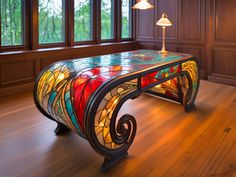 a stained glass bench sitting on top of a hard wood floor next to two windows