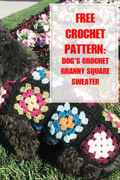 a black dog wearing a crochet granny granny's square sweater sitting in the grass