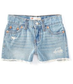 From Levi's®, these shorts feature:denim fabricationmid rise5-pocket stylingfray hemdestructed detailsshort lengthbutton/zip closure; belt loops cottonmachine wash; tumble dryImported. Kids Denim Shorts, Levi Shorts, Kids Shorts, Dillard's, Girls Jeans, Short Girls, Jean Shorts, Levi's, Denim Shorts