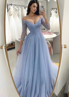 Off-shoulder Tulle Gown For Formal Occasions, Tulle Long Prom Dress, Long Sleeve Bridesmaid Dress, A Line Evening Dress, Long Sleeve Prom, Blue Tulle, Long Sleeve Evening Dresses, فستان سهرة, Grad Dresses