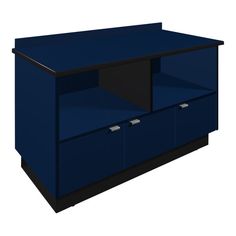 a blue cabinet with two doors and drawers