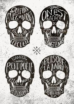 three skulls with different words written on them