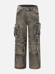 TALISHKO - Multiple Pockets Washed Jeans - streetwear fashion - talishko.com Desert Nomad, Clo 3d, Sweatshirt Jean Jacket, Mid Waist Pants, Women Cargo Pants, The Wanderer, Boy Aesthetic, Clothing Details, Women Cargos