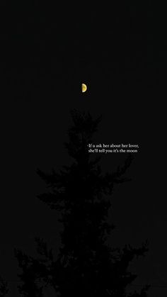 the moon is shining in the dark sky above some trees and branches with a poem written on it