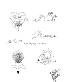 some tattoos that are in the shape of hearts and seashells with words on them