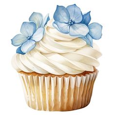 a cupcake with white frosting and blue flowers on top, painted in watercolor