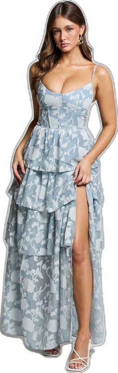 Formal Summer Dresses With Tiered Skirt, Light Blue Tiered Skirt Dress, Elegant Layered Midi Dress, Formal Tiered Summer Midi Dress, Formal Tiered Midi Dress For Summer, Layered Midi Length Dresses, Elegant Layered Midi Dress For Summer, Spring Formal Dress With Tiered Skirt, Elegant Blue Tiered Midi Dress