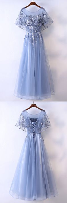 Knee-length Blue Evening Dress For Prom, Blue Knee-length Evening Dress For Prom, Light Blue Short Sleeve Banquet Dress, Light Blue Short Sleeve Dress For Banquet, Blue Short Sleeve Dress For Prom Season, Blue Short Sleeve Dress For Prom, Blue Short Sleeve Prom Dress, Light Blue Evening Dress For Summer Banquet, Blue Short Sleeve Dress For Banquet