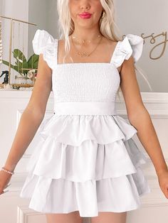 Cute Mini Dress With Ruffled Straps, Cute Mini Dress With Ruffled Straps And Ruffles, Cute Tiered Ruffle Mini Dress, Cute Tiered Mini Dress With Ruffles, Cute Tiered Skirt Mini Dress With Ruffles, Cute Tiered Ruffled Mini Dress, White Tiered Dress With Layered Hem, White Tiered Maxi Dress With Ruffles, White Tiered Dress With Ruffles