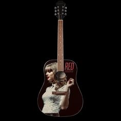 a woman holding an acoustic guitar in front of her face with the word red on it