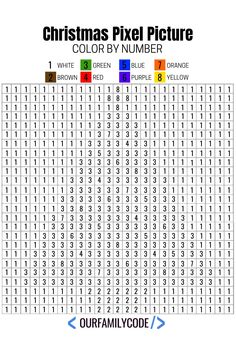 the christmas pixel picture color by number is shown in red, green, blue and yellow