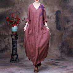 Plant Dyeing Long Sleeves Linen Dress V-Neck Embroidered Caftan in Light Purple Dusty Pink Purple One Size - Morimiss.com Plant Dyeing, Maxi Dresses Online, Dresses To Make, Embroidered Caftan, Plant Dyes, Maxi Dress Online, Linen Clothes, Linen Dress, Light Purple