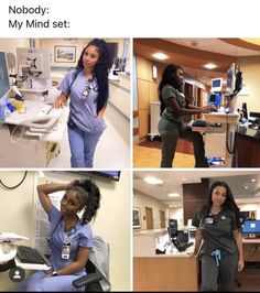 four pictures of nurses in scrubs at the hospital