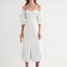 Nwot! Perfect Condition. Size Xs-S. Beautiful Off The Shoulder Ruffle Gown With Button Detailing. Sleeve Are Amazing! Size Guide In Images. Perfect For Spring And Vacation Purchased For $880 42" Length 45% Linen, 41% Rayon, 14% Silk Summer Off-shoulder Pleated Sleeves Dress, Summer Off-shoulder Dress With Pleated Sleeves, Elegant Off-shoulder Dress With Gathered Sleeves, Summer Wedding Dress With Pleated Sleeves, Spring Evening Dresses With Buttons, Spring Wedding Midi Dress With Pleated Sleeves, Summer Cocktail Dresses With Buttons, Chic Wedding Midi Dress With Gathered Sleeves, Buttoned Midi Dress For Wedding