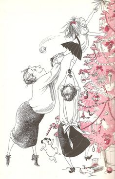 a drawing of two people holding an umbrella next to a christmas tree with pink flowers