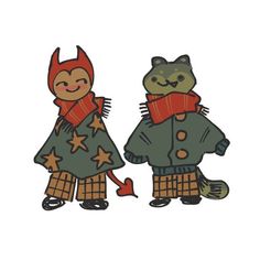 two cartoon cats wearing jackets and scarves, one with a cat on it's back