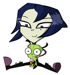 an image of a cartoon character with blue hair and green eyes holding onto another character's head