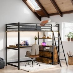 loft bed with desk underneath and ladder to the top