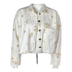 Zara Denim Jacket Jean Shirt White Metallic Floral Embroidery Extra Small Oversized, Cropped And Boxy Fit. Oversized Pocket. Off-White With Gold Embroidered Flowers. 100% Cotton, A Great Statement Piece! - Short Wide Jacket - Long Sleeves With Dropped Shoulders - Patch Pocket At Front - Button Up - Lighter Weight - New Without Tags- Brand New Condition As Well Casual White Embroidered Denim Jacket, White Embroidered Denim Jacket For Fall, Oversized Zara Cotton Denim Jacket, Zara Oversized Cotton Denim Jacket, Oversized White Cotton Denim Jacket, White Embroidered Cotton Denim Jacket, Zara Casual Outerwear With Floral Embroidery, Zara Cotton Relaxed Fit Denim Jacket, Embroidered White Denim Jacket For Spring