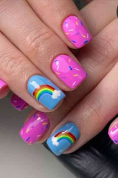 Whatever your personal style, there’s a rainbow nail design out there for you. These designs are perfect for any occasion, whether you’re dressing up for a special event or just want to add a little bit of fun and color to your everyday look. Rainbow On Nails, Square Rainbow Nails, Rainbow Brite Nails, Kids Rainbow Nails, Fun Nails 2024, Rainbow Design Nails, Kid Nail Designs Easy