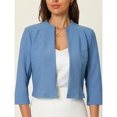 STYLE - Keep your look semi-formal and elegant in spring weather with this office cropped blazer from Hobemty, featuring an open front, collarless, long sleeve, and lined. OUTFIT - Comfortable and classic, pair with a semi-formal dress and heels for a chic office look. OCCASION - Focused on Ladies' Semi-Formal Wear - This cropped blazer can be a perfect addition to almost any outfit from formal to daily wear, great for work, meetings, offices, businesses, work, parties, cocktails, weddings, casu Chic Cropped Jacket For Semi-formal Spring Events, Chic Cropped Jacket For Semi-formal Spring Occasions, Elegant Cropped Jacket For Spring Office Wear, Elegant Spring Cropped Jacket For Office Wear, Elegant Fitted Cropped Jacket For Business Casual, Cropped Semi-formal Spring Outerwear, Tailored Elegant Cropped Jacket For Office Wear, Elegant Tailored Cropped Jacket For Office Wear, Fitted Cropped Blazer For Business Casual