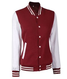 White and Burgundy Varsity Jacket
This maroon and white letterman jacket is a simple-yet-stylish layering piece that can be worn alone or as part of your casual outfit. Its fleece fabric and rib-knit collar provide warmth, while its two-tone contrast adds some flair to your wardrobe. Wear this women’s maroon varsity jacket with jeans or trousers and sneakers for a look that’s perfect for any occasion. Varsity Style Long Sleeve Outerwear With Contrast Color, Fall College Style Outerwear For School, Fall Varsity Sweatshirt With Baseball Collar, Casual Outerwear With Baseball Collar For School, Winter College Sweatshirt With Baseball Collar, College Style Cotton Varsity Jacket For Campus, Cotton College Style Varsity Jacket For Campus, White Casual Outerwear With Baseball Collar, College Style Long Sleeve Varsity Jacket For Campus