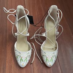 Embroidered Floral Blush Lace Up Heels Never Worn, New With Tags Sz 6.5 Summer Floral Embroidered Heels, Floral Embroidery Block Heels For Summer, Spring Wedding Heels With Floral Embroidery, Spring Lace-up 4-inch Heels, White Embroidered Summer Heels, Spring Wedding Embroidered Heels, Party Heels With Floral Embroidery And Block Heel, Spring Party Heels With Embroidery, Floral Embroidered High Heels For Summer