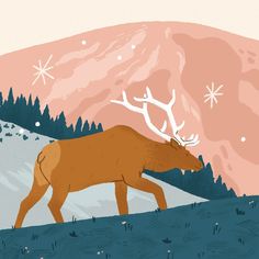 Illustration - Deer in the mountains Illustrator Artist, Linocut