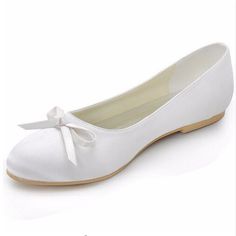 [$70.00] Close Toe Flats Flat Heel Satin With Bowknot Wedding Shoes Wedding Ballerina, Wedding Ballet Flats, White Ballet Flats, Party Flats, Bridal Flats, White Wedding Shoes, Wedding Shoes Flats, Shoes World, Wedding Dress Shoes